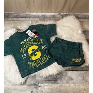 Stranger Things Hawkins Tigers Kids 4T Mineral Wash T-Shirt and Shorts Set Green